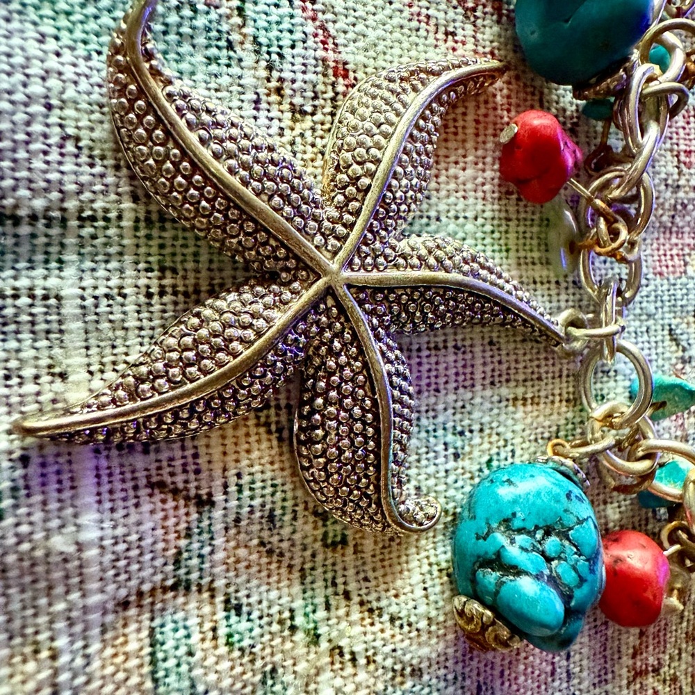 Starfish Charm Necklace with Turquoise and Red Accents - Picture 2 of 3